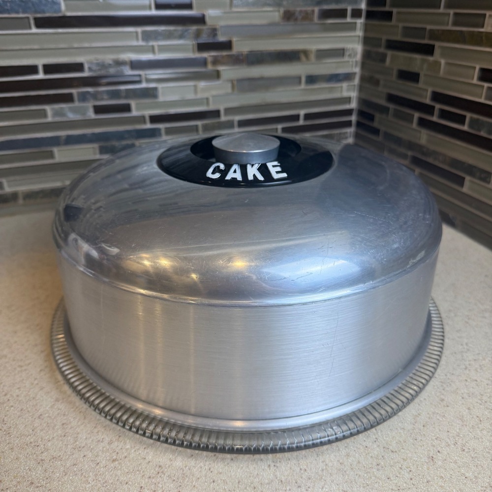 Vintage 1950s Kromex Aluminum Cake Dome Carrier & Glass Plate Mid Century Modern